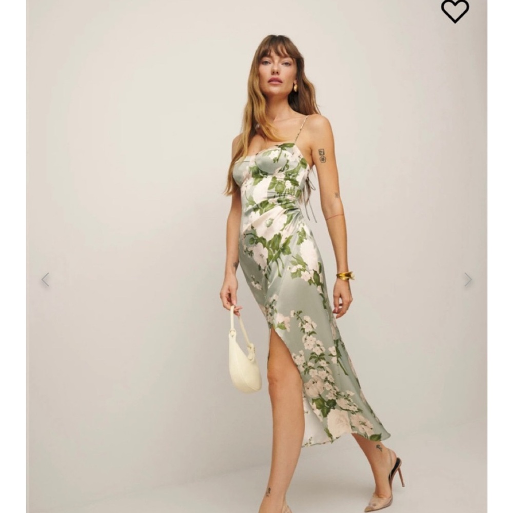 Reformation Floral Green Satin Dress